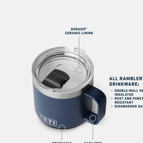 YETI Rambler 14oz mug shows removable lid for nesting storage.