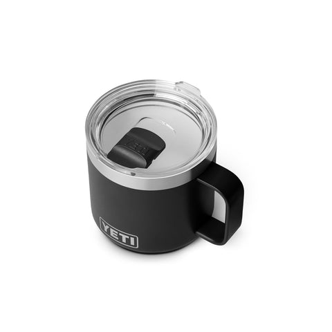 YETI Rambler 14oz mug with stackable base saves space for travel.