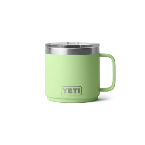 YETI Rambler 14 oz Stackable Mug with double-wall insulation for temp stability.