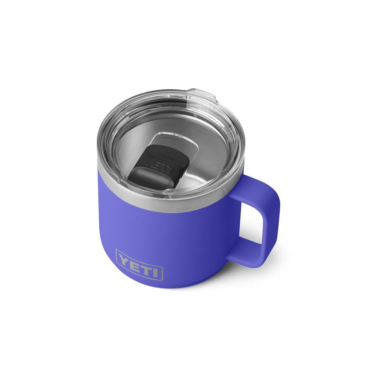 YETI Rambler 14oz stackable mug in Ultramarine Violet showing compact, travel-friendly design