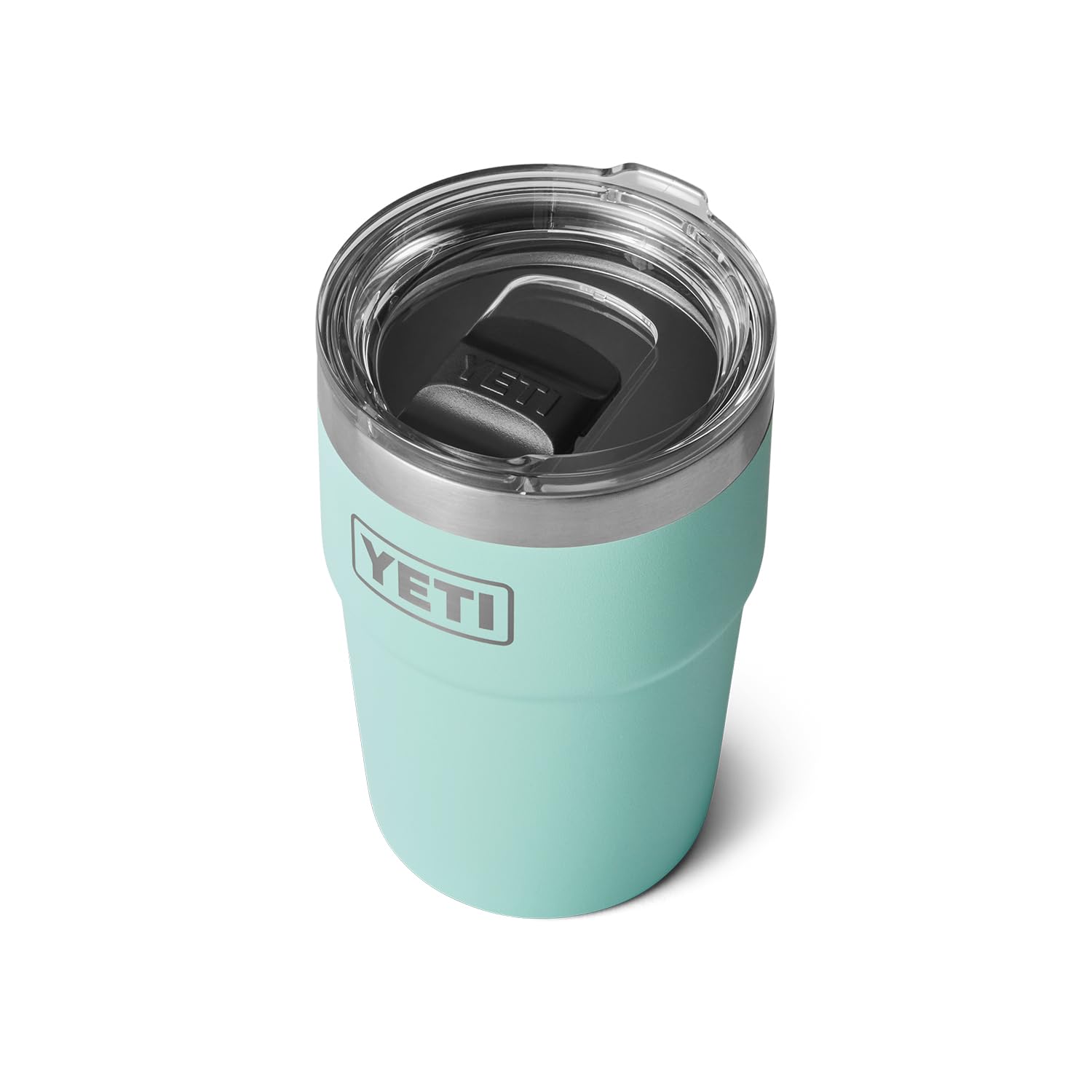 YETI Rambler 16oz stackable cup in seafoam, ideal for on-the-go coffee.