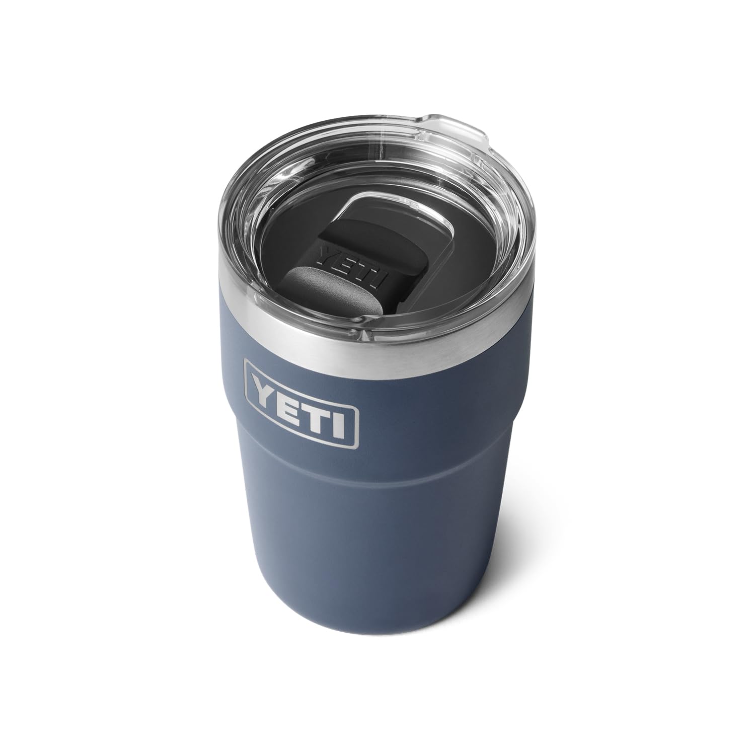 YETI Rambler 16 oz Stackable Tumbler in navy keeps drinks hot or cold on the go.