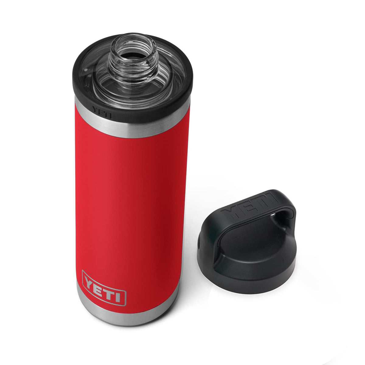 YETI Rambler 18 oz bottle in Rescue Red with leakproof design for on-the-go hydration.