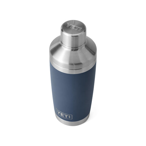 YETI Rambler 20 oz cocktail shaker navy, front view, durable stainless steel for cold drinks on the go.