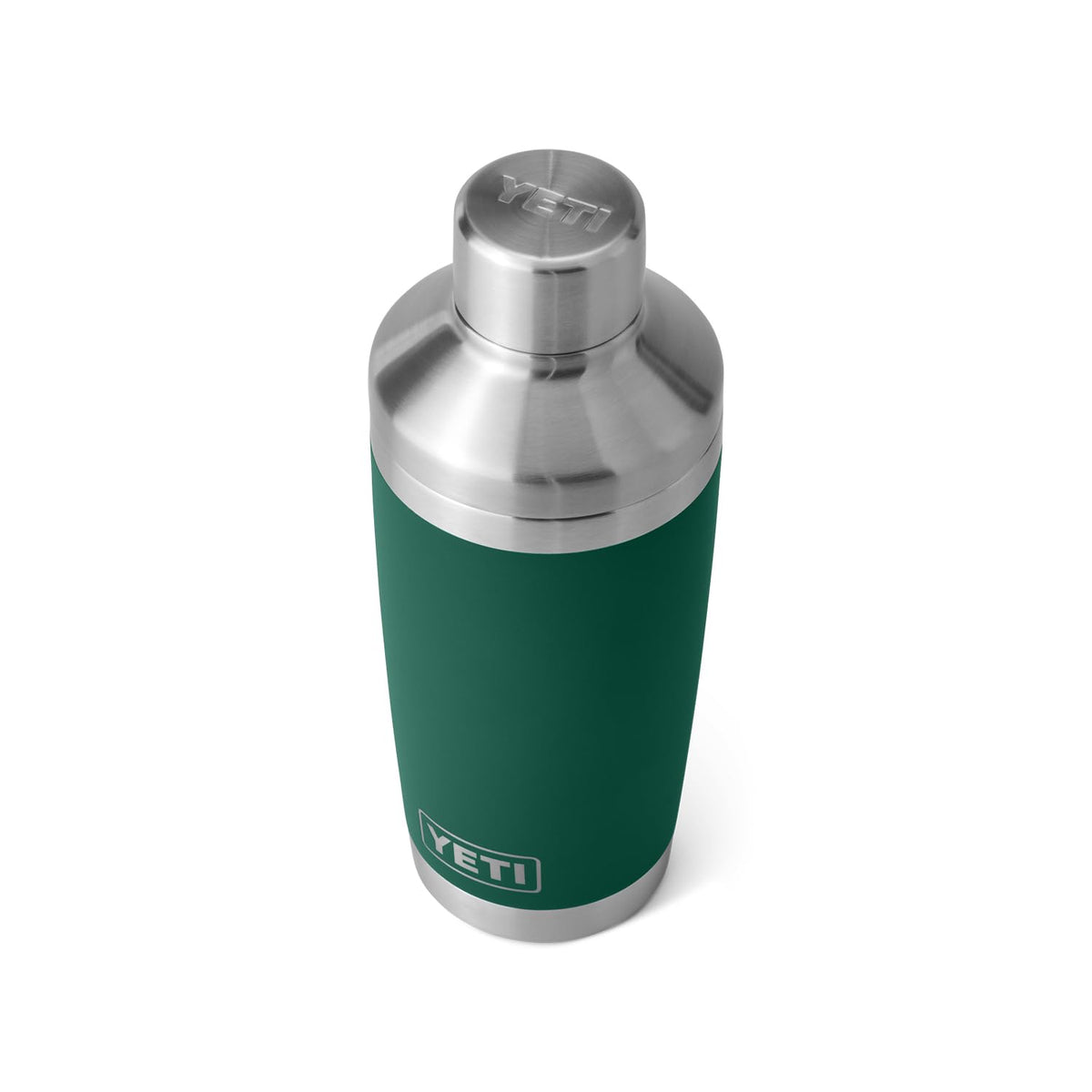 YETI Rambler 20 oz Cocktail Shaker front view in Black Forest Green; rugged durability for outdoor use.