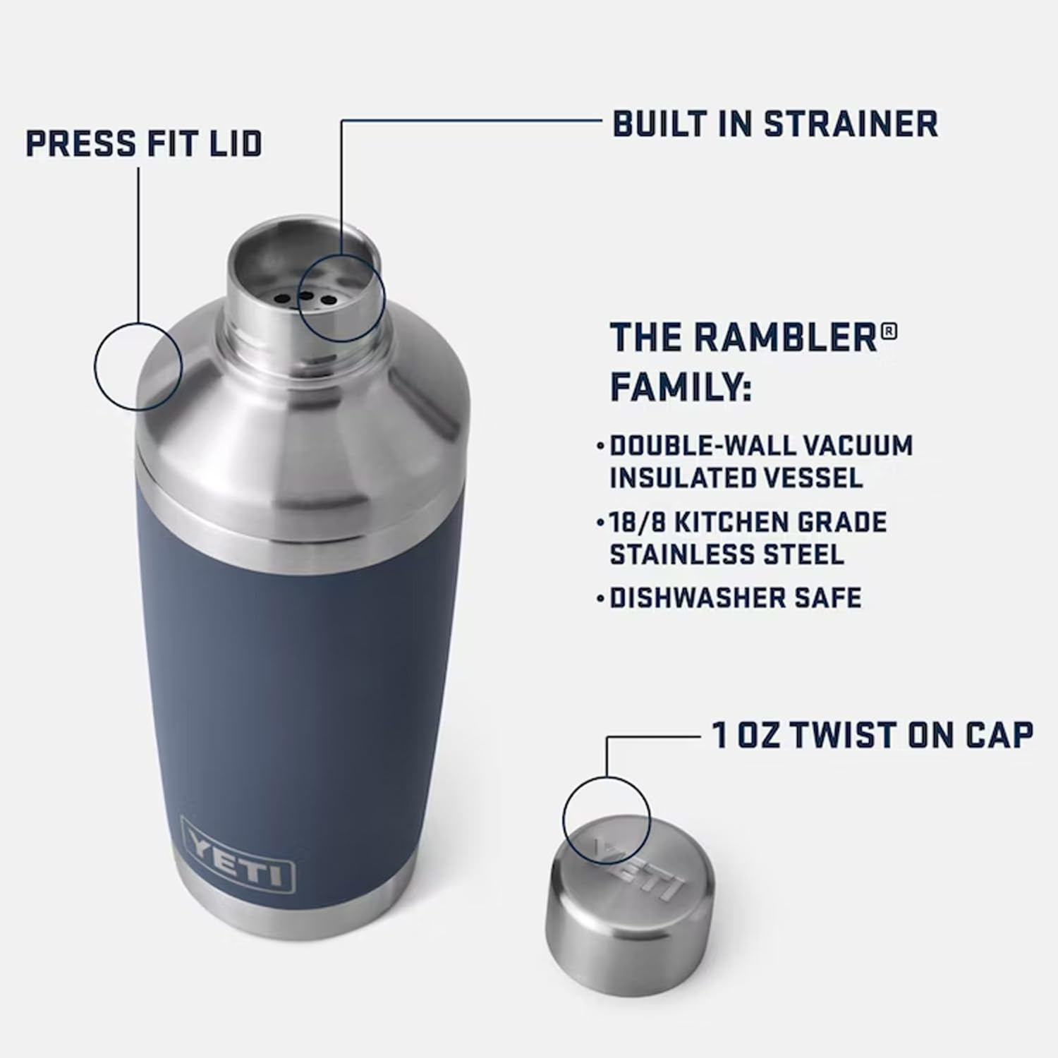 YETI Rambler 20 oz Cocktail Shaker lid shows a tight seal for spill-free shaking.