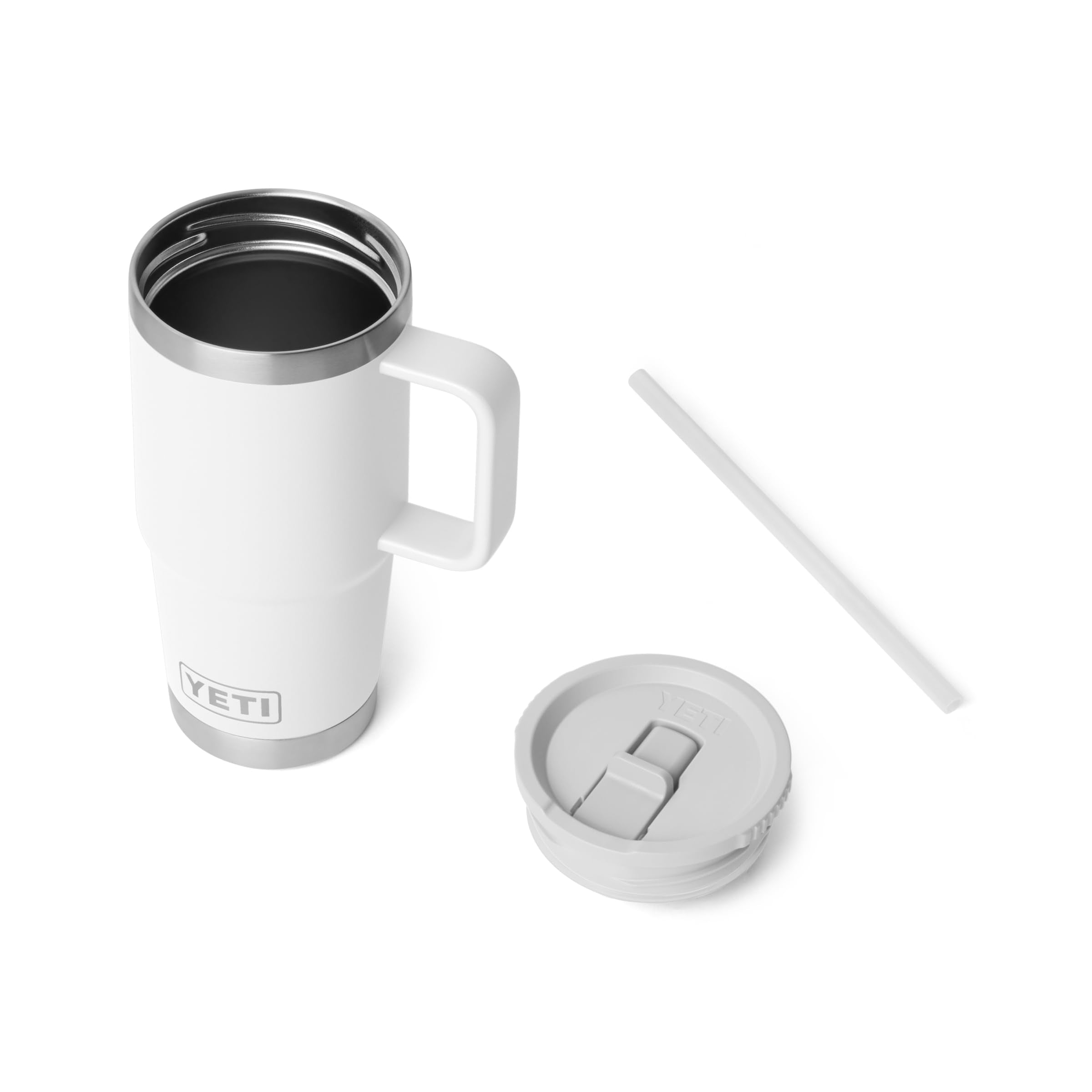 YETI Rambler 20 oz travel mug shows cup-holder compatibility for easy access.