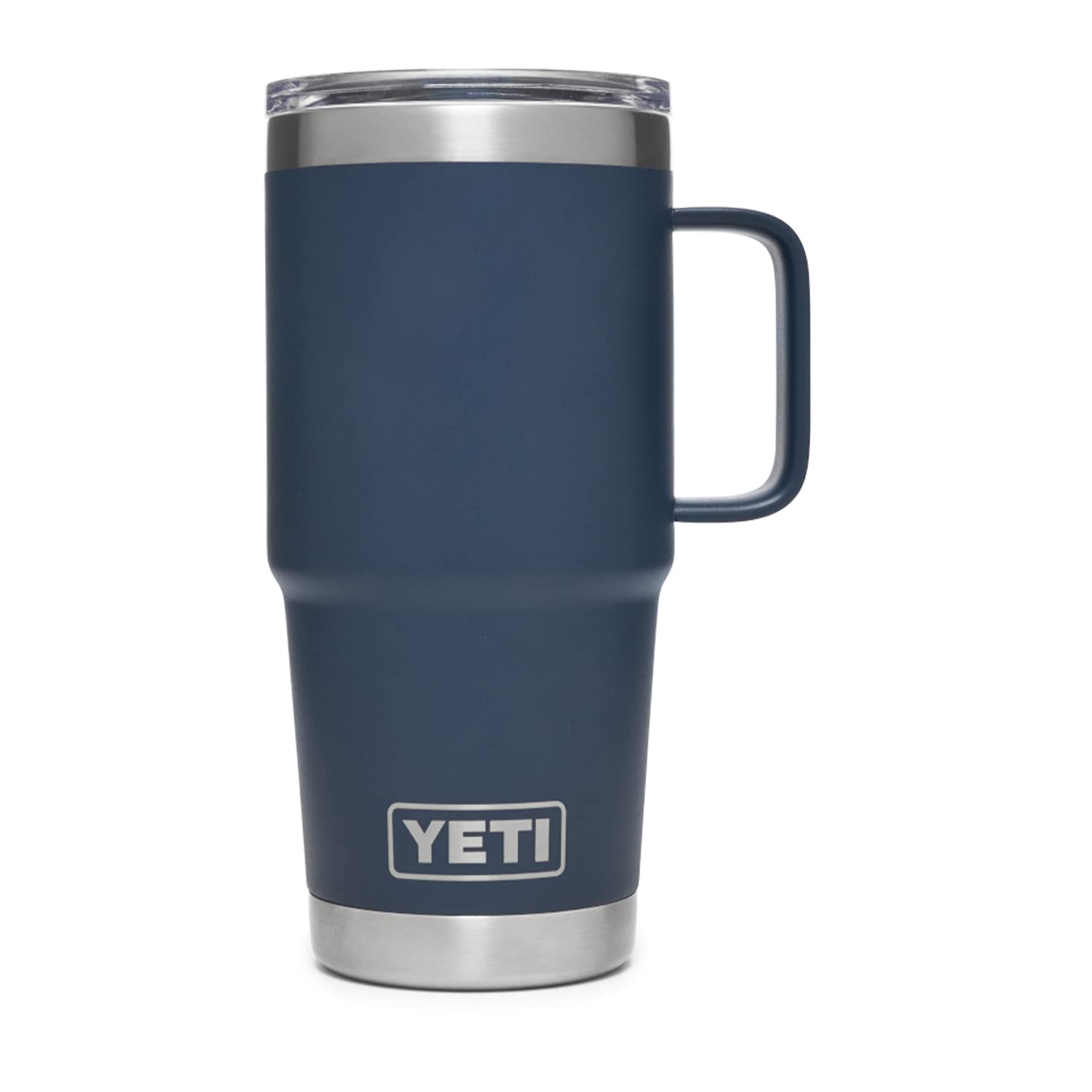 YETI Rambler 20 oz navy handle closeup emphasizing secure 360-degree welded grip.