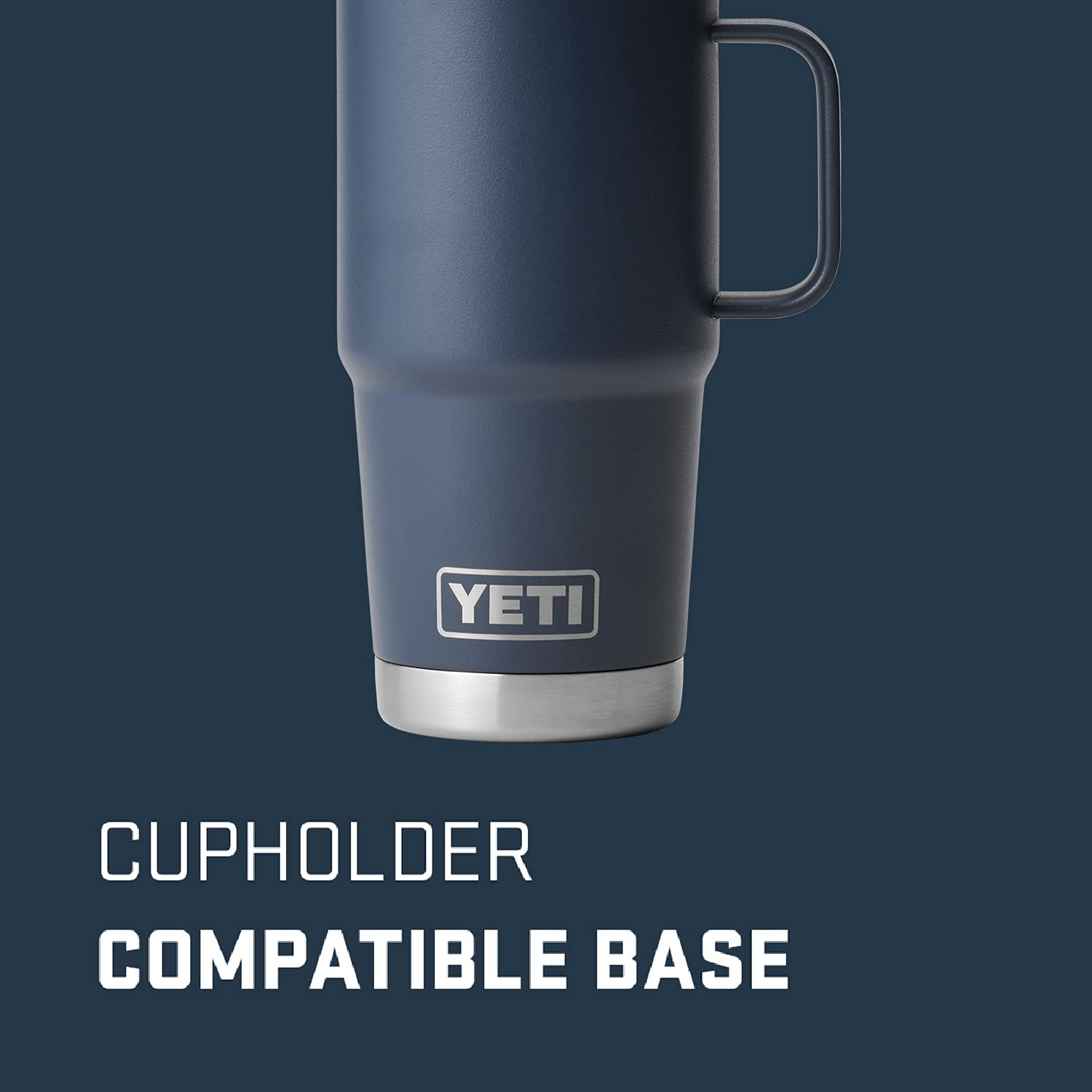 YETI Rambler 20 oz navy lid closeup highlighting Stronghold lid durability.
