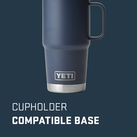 YETI Rambler 20 oz navy lid closeup highlighting Stronghold lid durability.