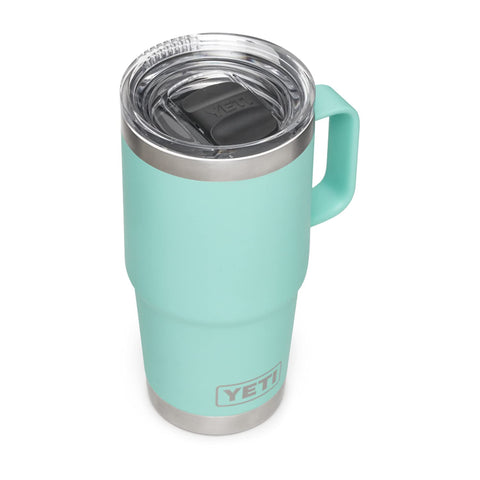 YETI Rambler 20 oz travel mug seafoam front angle shows secure spill-free design.