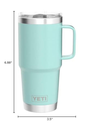 YETI Rambler 20 oz travel mug seafoam in-use steam conveys hot coffee.