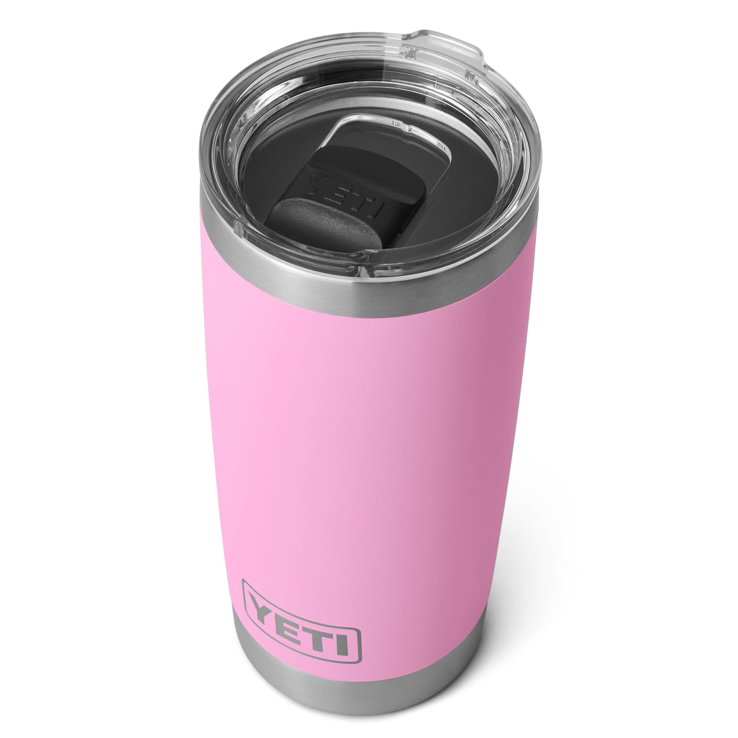 YETI Rambler 20 oz front view in Power Pink, showcasing durable stainless steel.