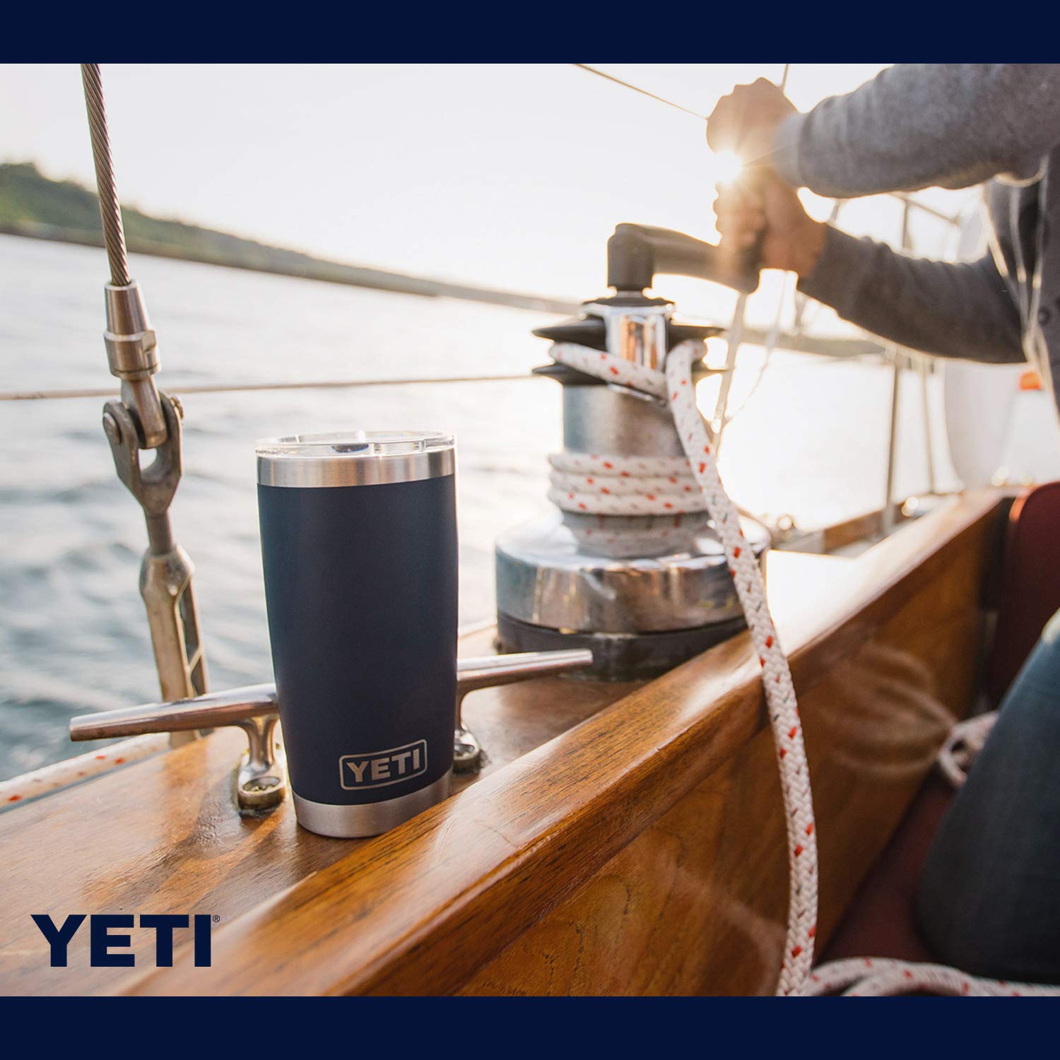 YETI Rambler 20 oz Navy in use helps maintain drink temperature
