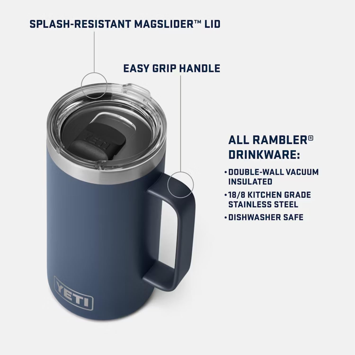 YETI Rambler 24 oz Mug shows vacuum insulation for temperature retention.