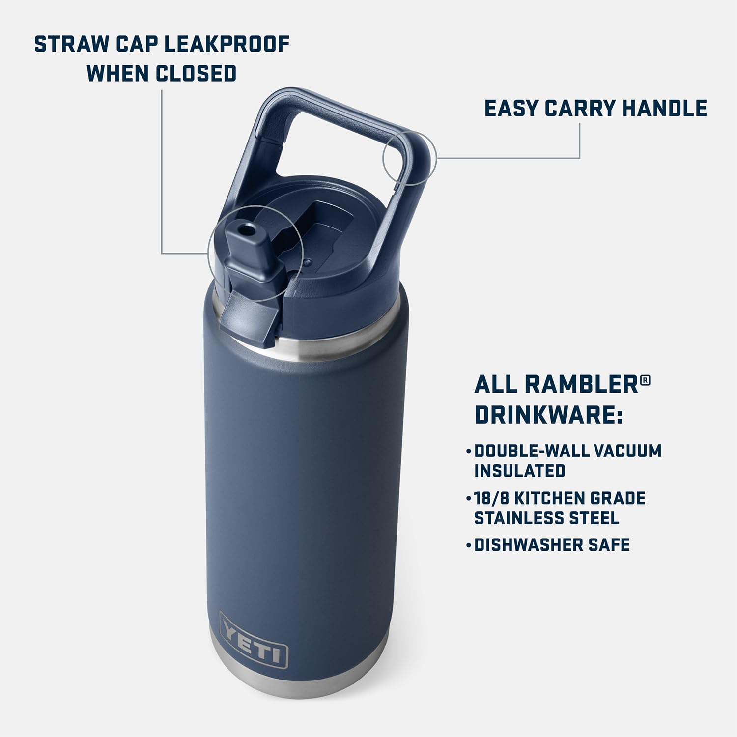 YETI Rambler 26 oz bottle with vacuum insulation keeps drinks cold longer.