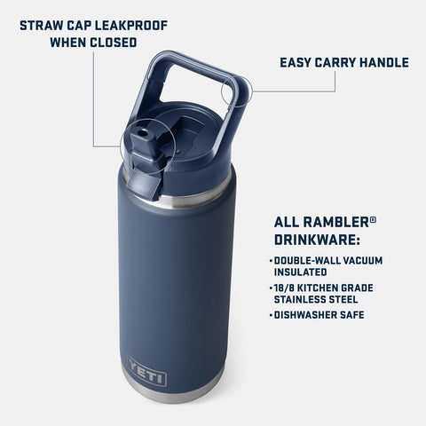 YETI Rambler 26 oz bottle with vacuum insulation keeps drinks cold longer.