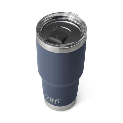 YETI Rambler 30 oz navy dishwasher-safe label; easy cleanup