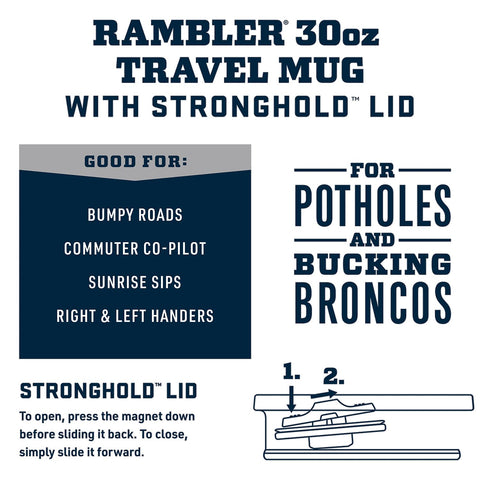YETI Rambler 30 oz travel mug dual-slider magnet lid demonstrates spill-free sipping for commuting
