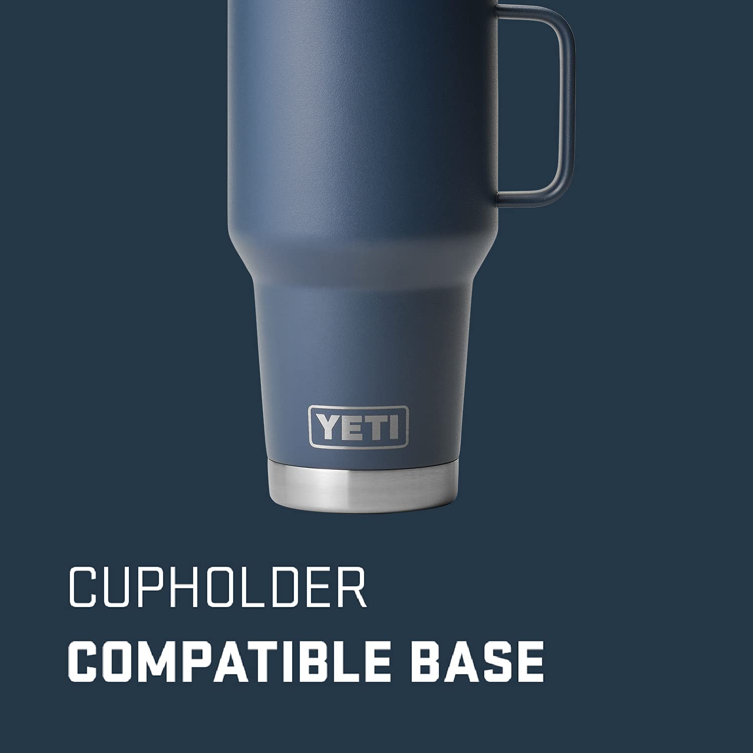 YETI Rambler 30 oz travel mug navy lid closeup showing Stronghold Lid for spill resistance.