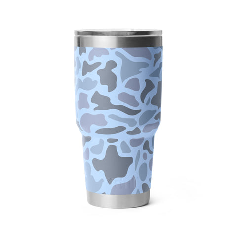 YETI Rambler blue camo dishwasher-safe label demonstrates easy care