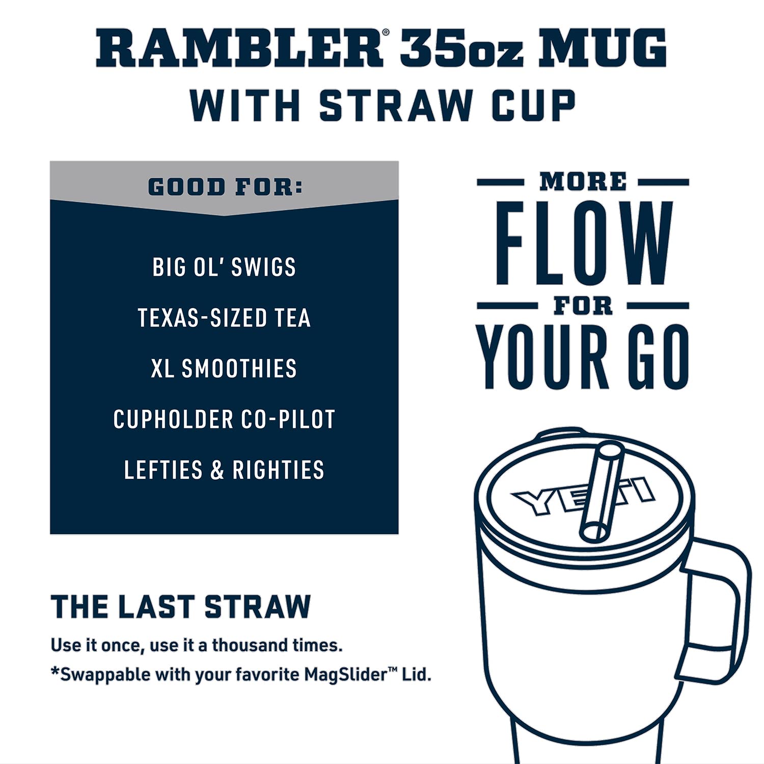YETI Rambler 35oz with double-wall vacuum insulation keeps drinks cold longer.