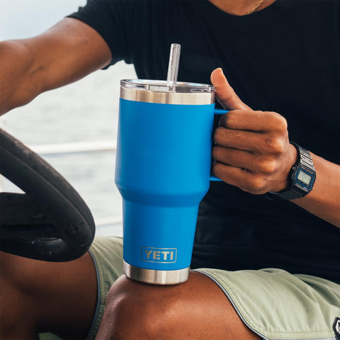 YETI Rambler 35 oz Big Wave Blue close-up showing durable stainless steel.