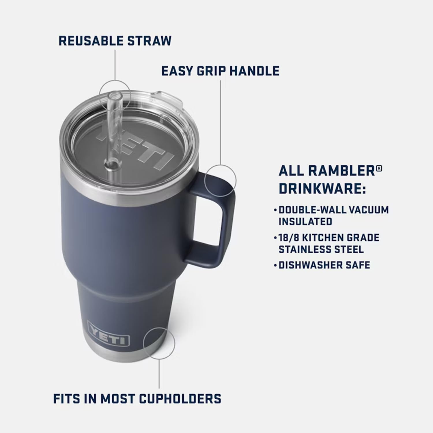 YETI Rambler 35 oz showing double-wall insulation for temperature retention.