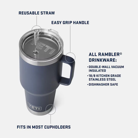 YETI Rambler 35 oz showing double-wall insulation for temperature retention.