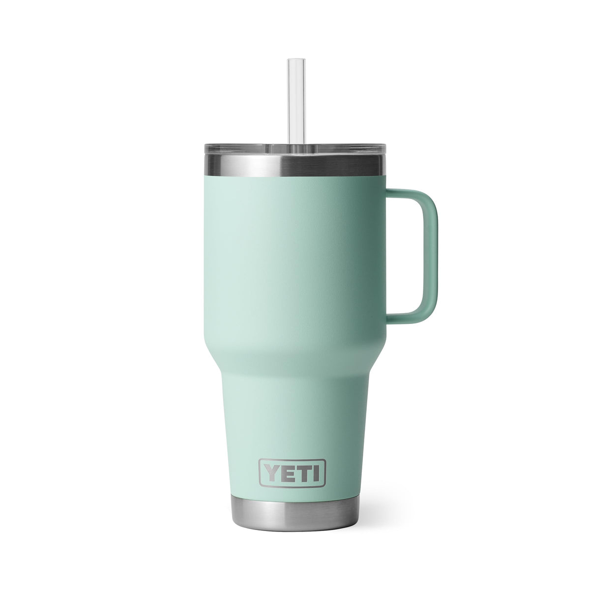 YETI Rambler 35 oz with handle and straw lid in seafoam, ideal for on-the-go hydration.