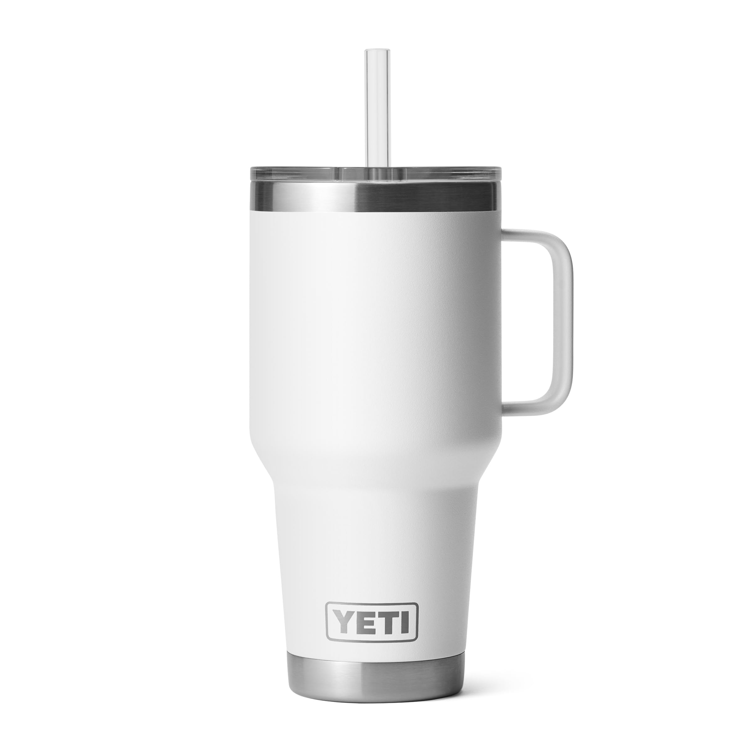 YETI Rambler 35 oz tumbler with handle and straw lid keeps drinks cold on the go.