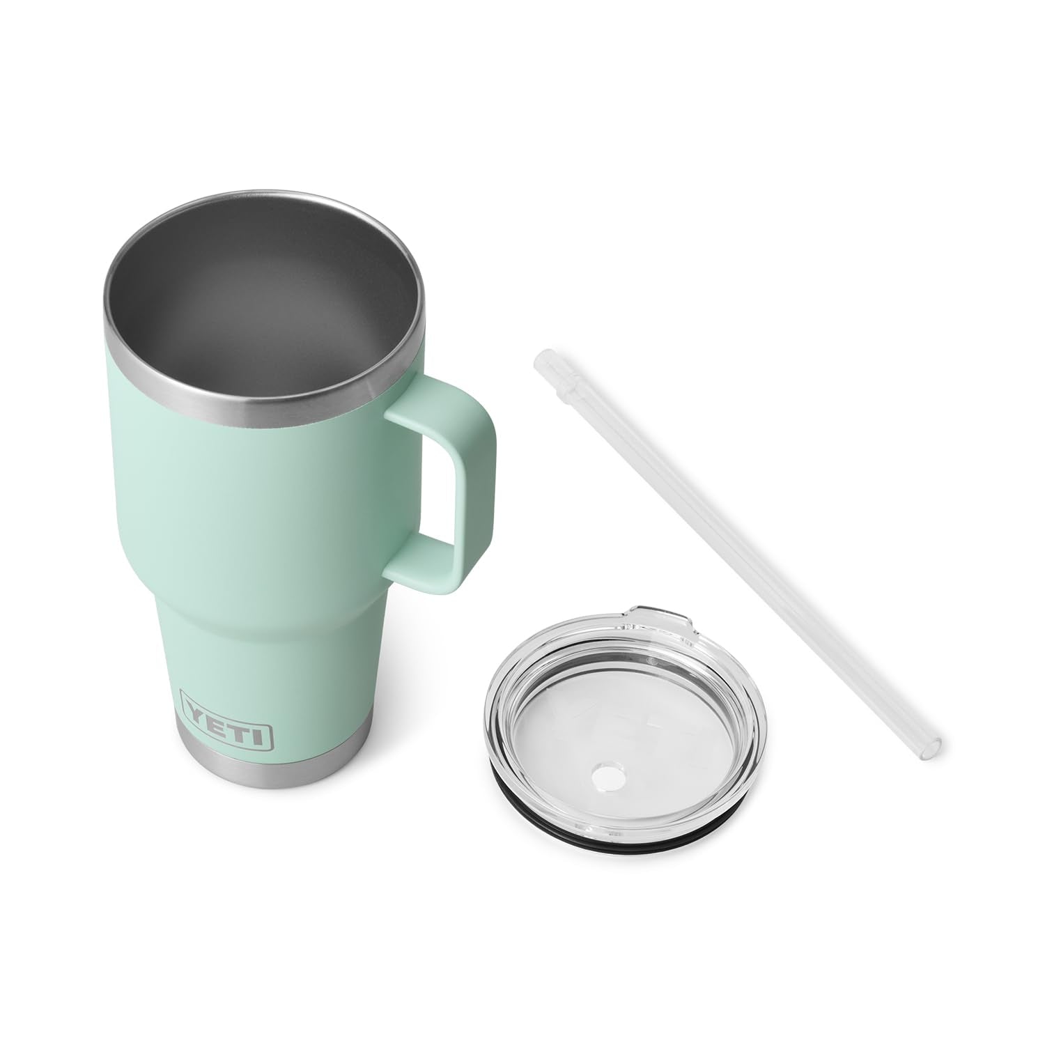 YETI Rambler 35 oz with straw lid showcases no-sweat design for dry hands.
