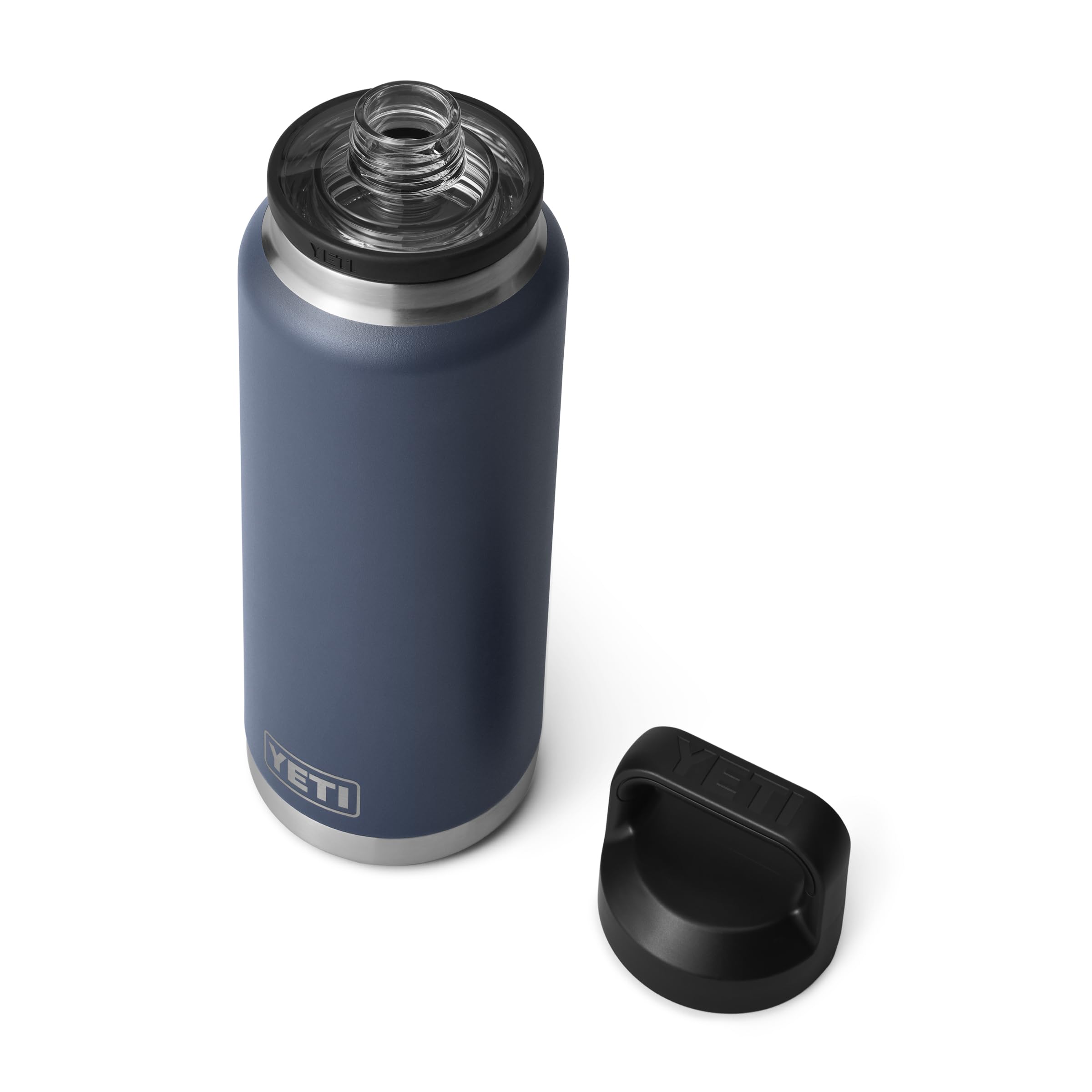 YETI Rambler 36 oz Navy bottle cap close-up showcasing leakproof cap design.
