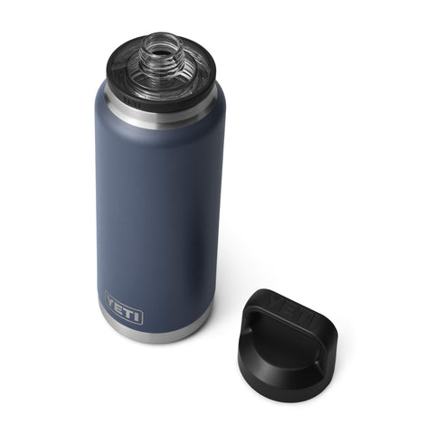 YETI Rambler 36 oz Navy bottle cap close-up showcasing leakproof cap design.