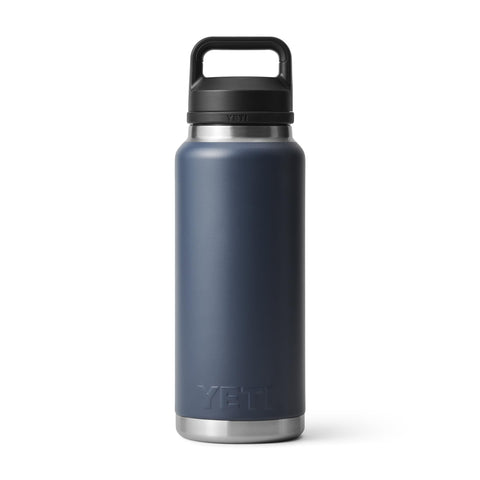 YETI Rambler 36 oz Navy bottle in outdoor setting for all-day hydration.