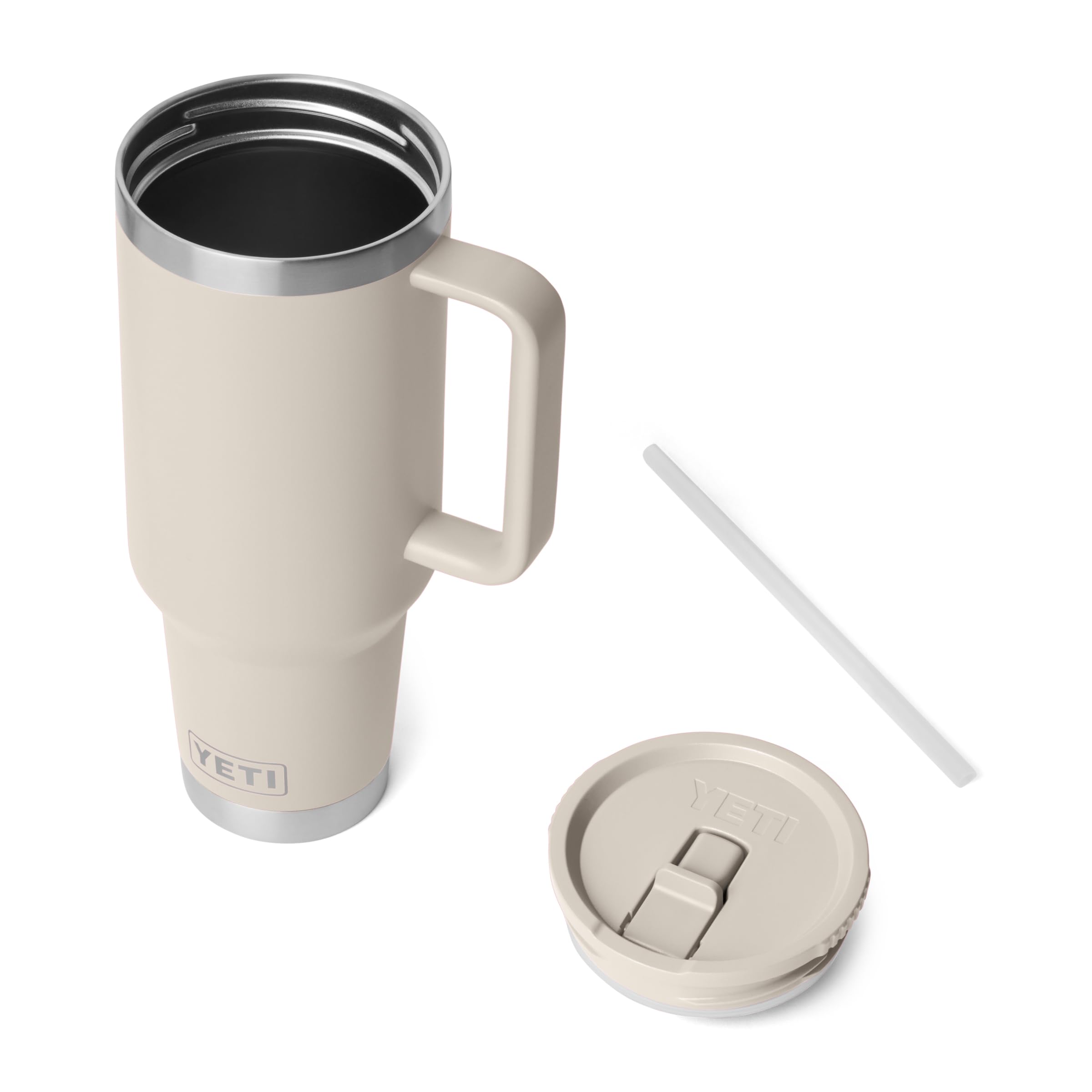 YETI Rambler 40 oz travel mug fits in cup holders for easy reach.