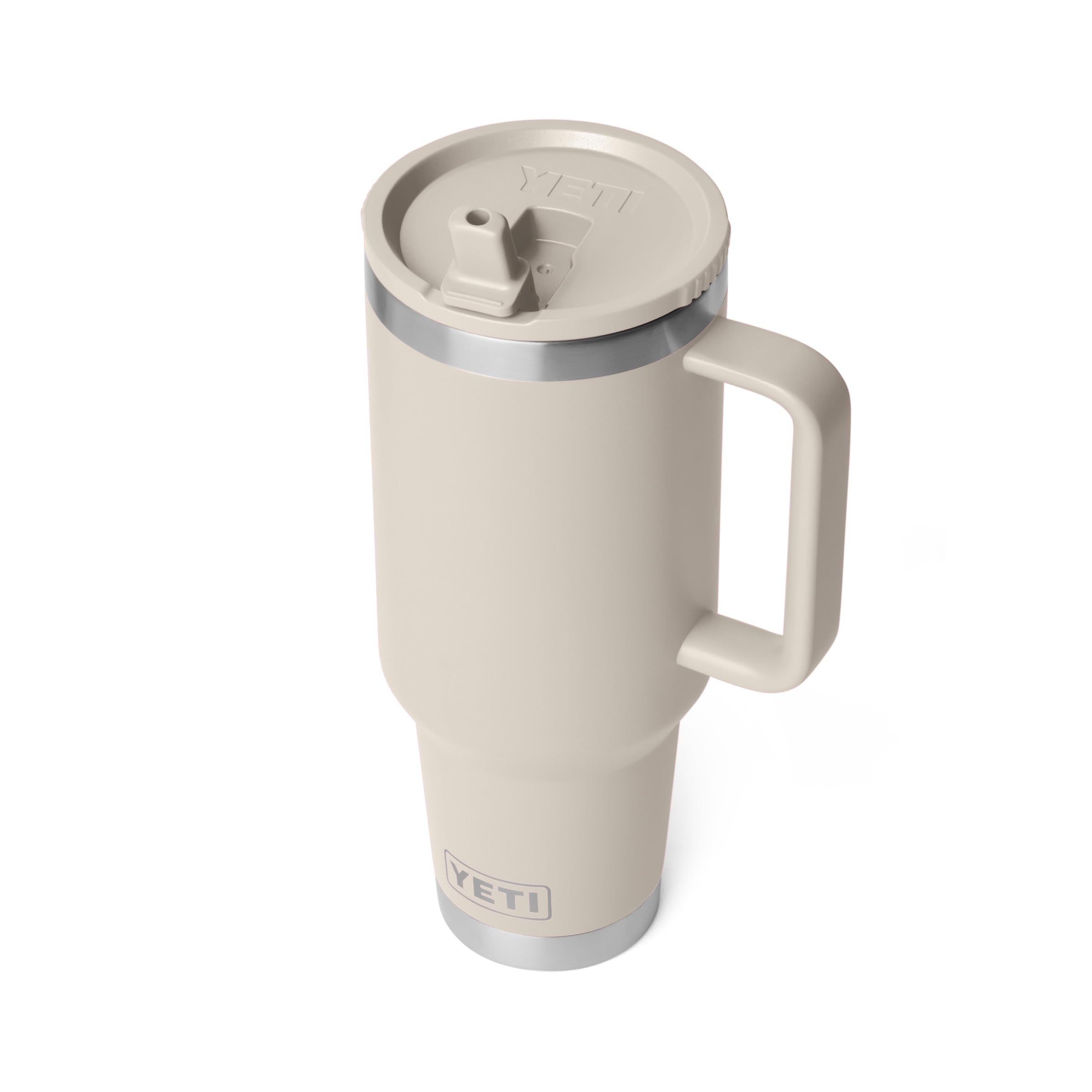 Dishwasher-safe YETI Rambler 40 oz travel mug and lid after use.