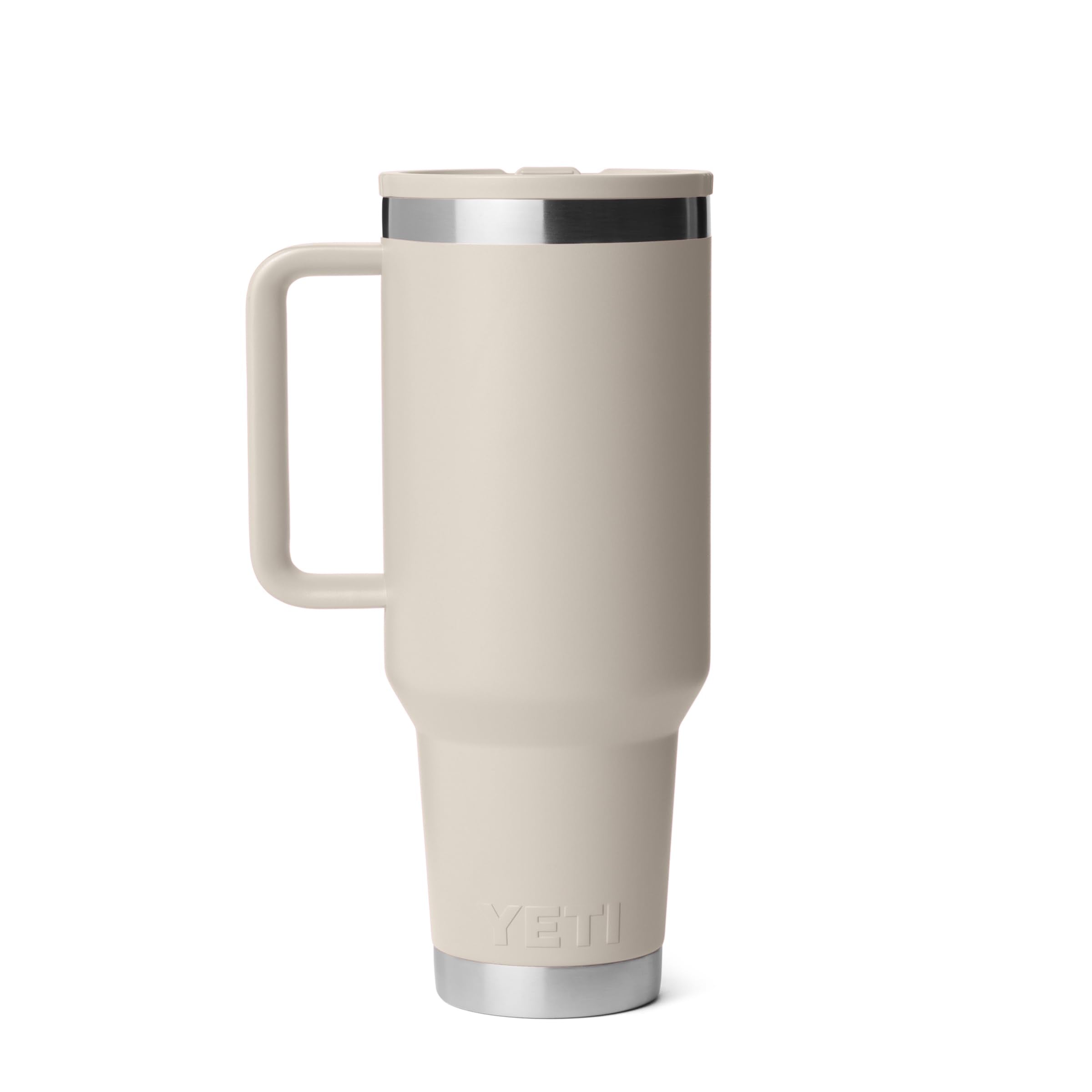 Close-up of the easy-grip handle on the YETI Rambler 40 oz travel mug.