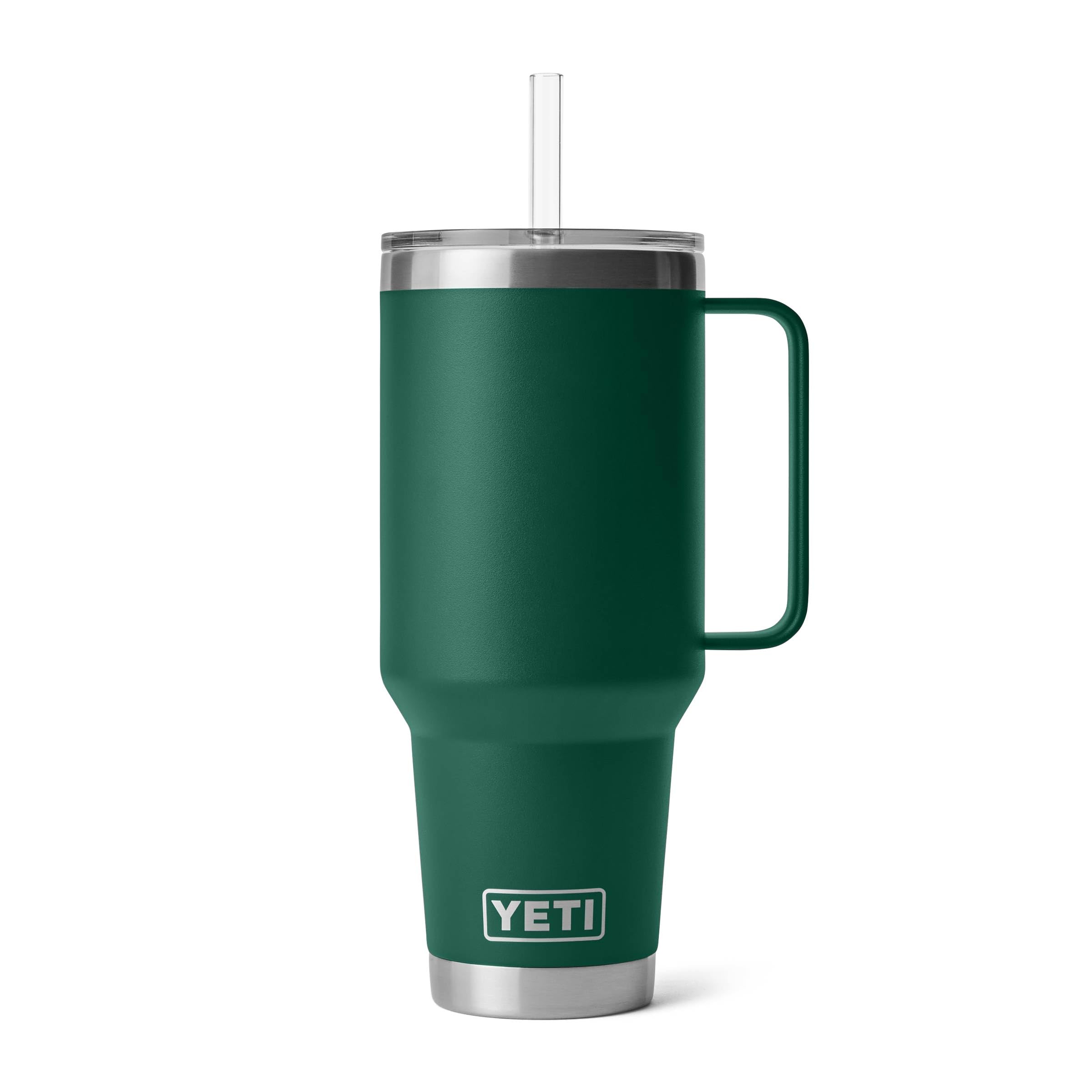 YETI Rambler 42 oz tumbler with handle and straw lid keeps drinks cold on the go.