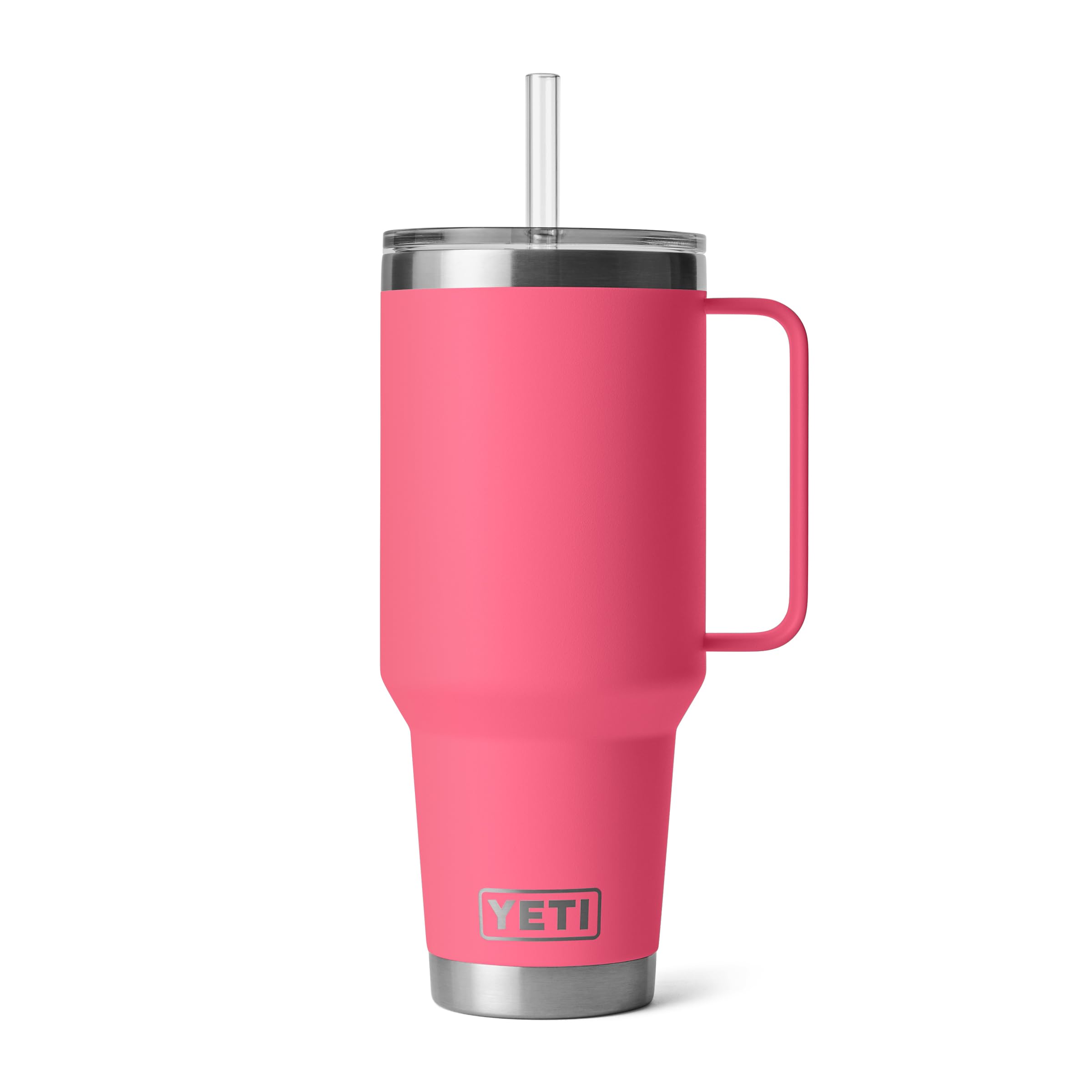 YETI Rambler 42oz Tropical Pink with handle for easy transport.
