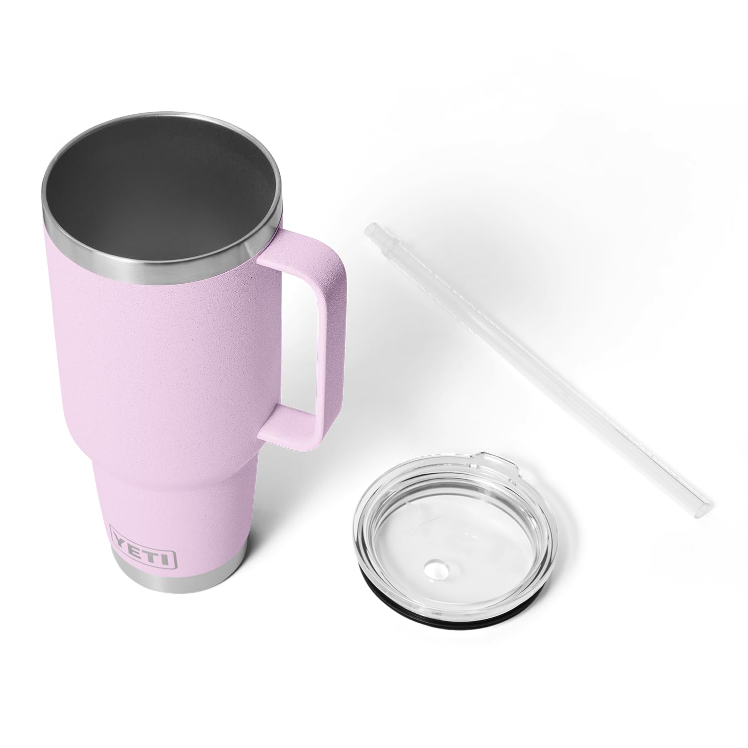 Straw lid on YETI Rambler 42 oz with built-in stopper for secure sipping.