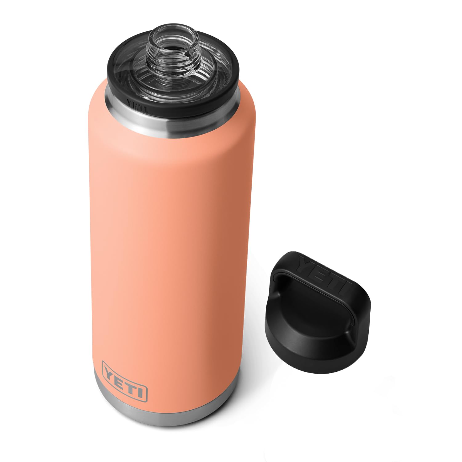 YETI Rambler 46oz bottle chug-cap closeup for quick, spill-free sipping on the go