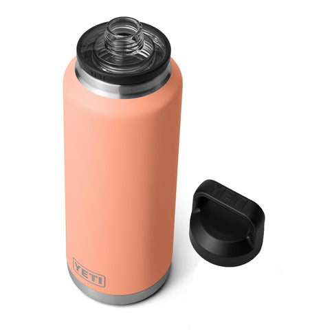 YETI Rambler 46oz bottle chug-cap closeup for quick, spill-free sipping on the go