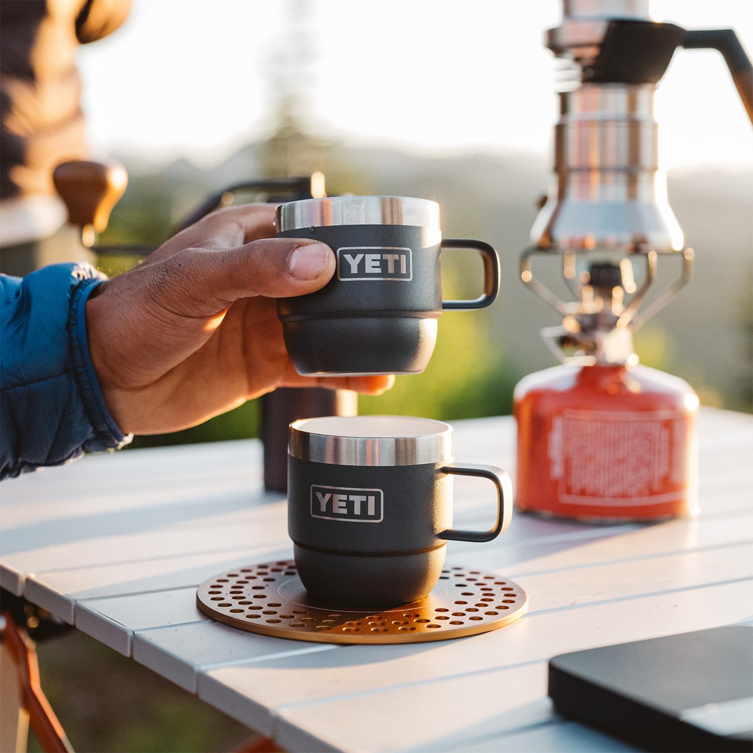 YETI Rambler 6 oz stackable mug in black for versatile camping gear