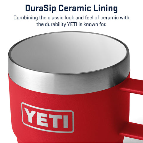 YETI Rambler 6 oz mug with DuraSip ceramic lining visible on stainless steel.