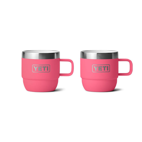 YETI Rambler 6 oz Stackable Mug in Tropical Pink with a durable grip for travel.