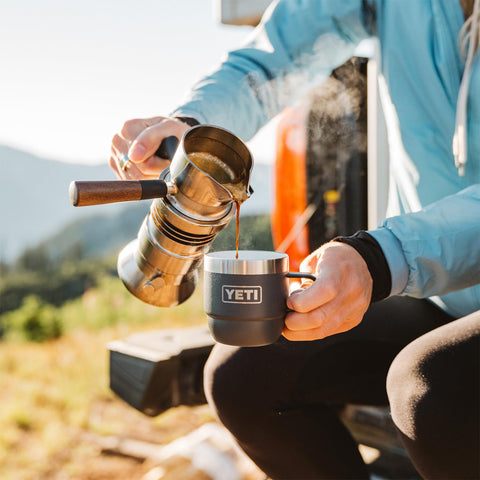 YETI Rambler vacuum-insulated mug keeps beverages hot longer.