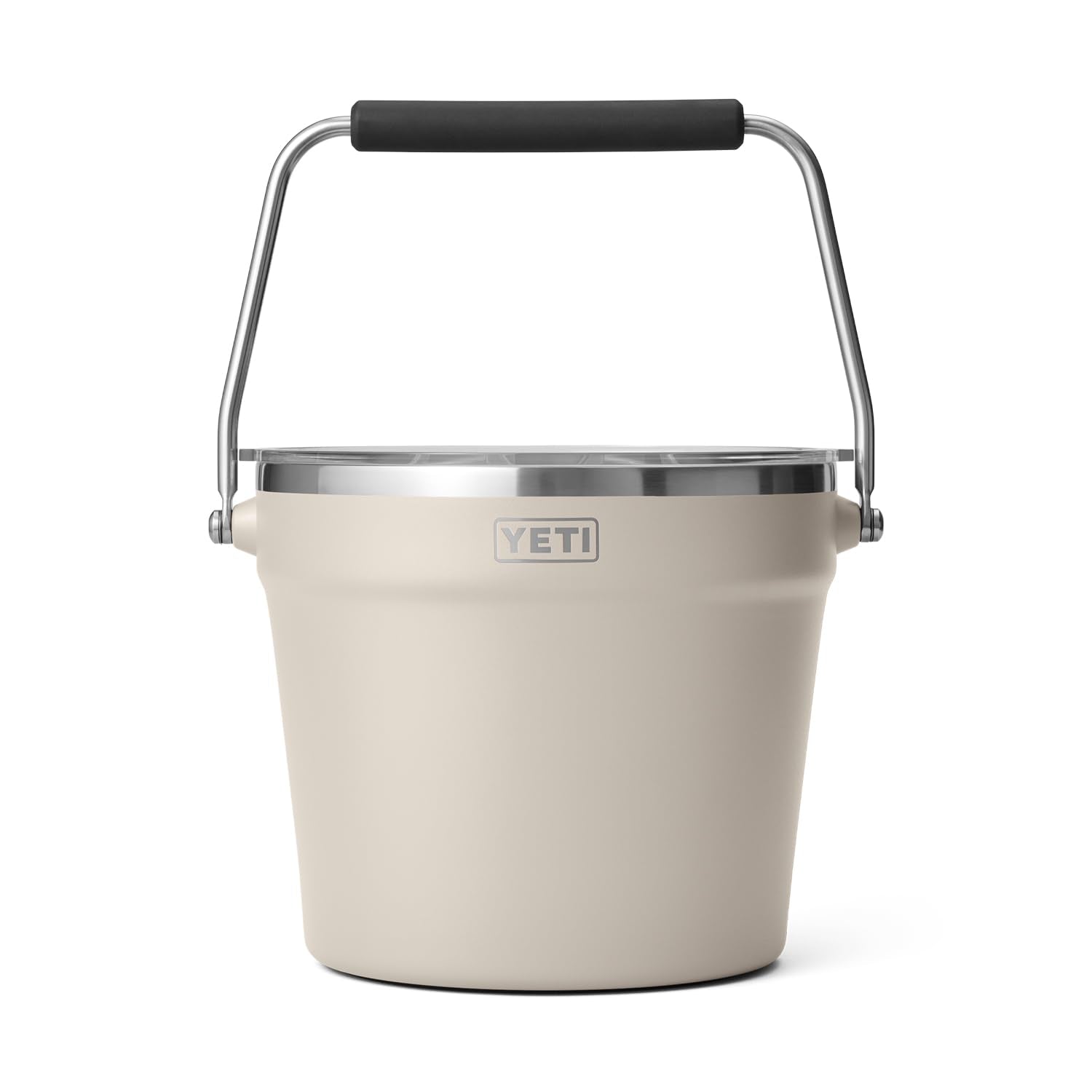 YETI Rambler Beverage Bucket in Cape Taupe with lid for outdoor gatherings.