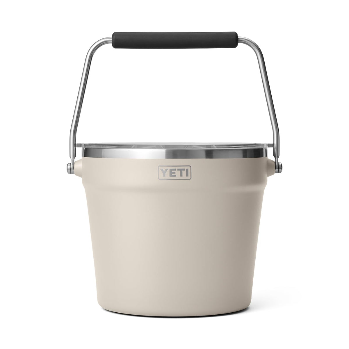 YETI Rambler Beverage Bucket in Cape Taupe with lid for outdoor gatherings.