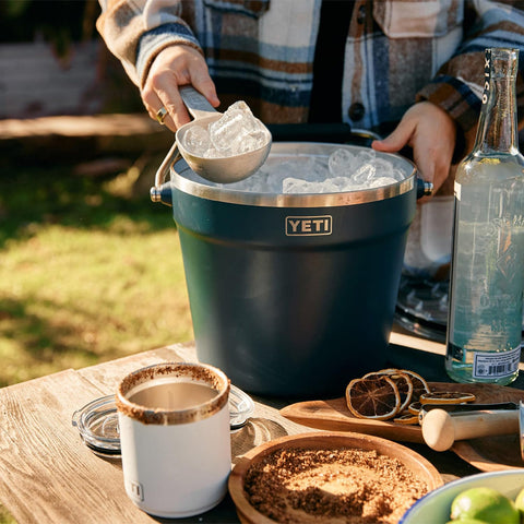 YETI Rambler Beverage Bucket double-wall insulation keeps ice longer.